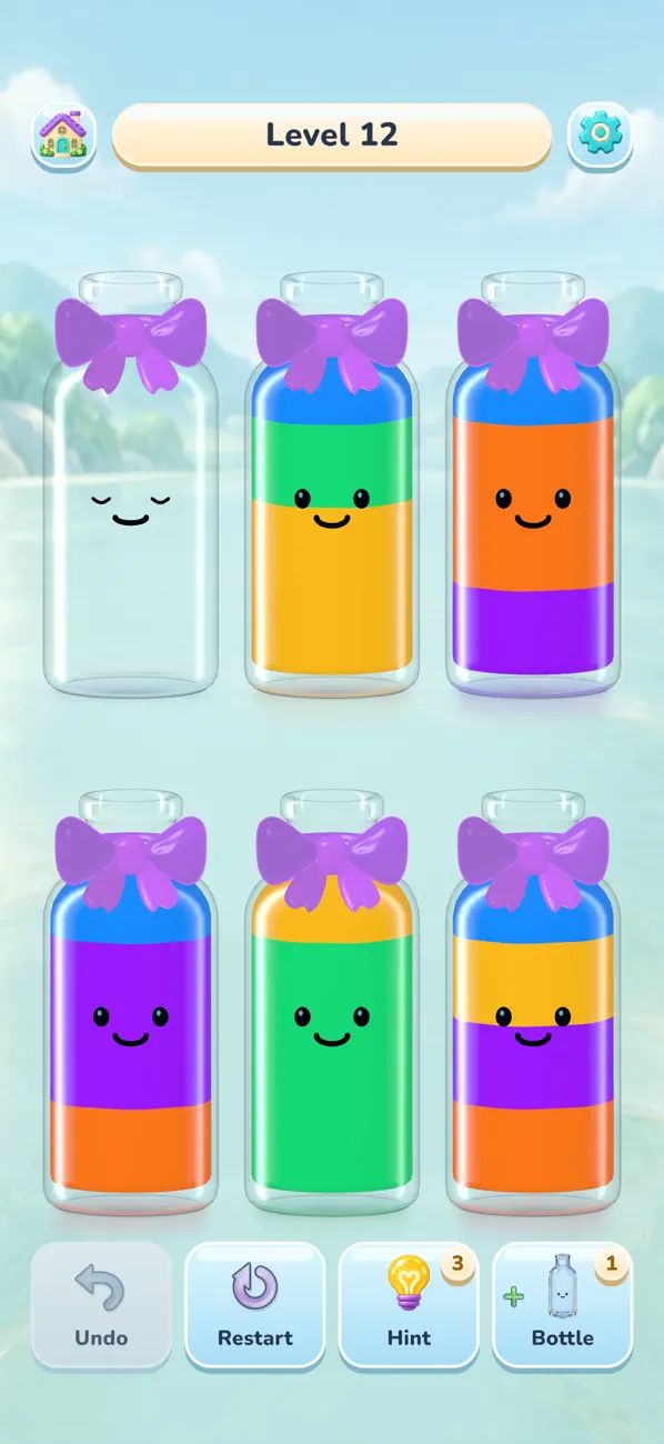 Cozy Bottles gameplay with bow tie accessories
