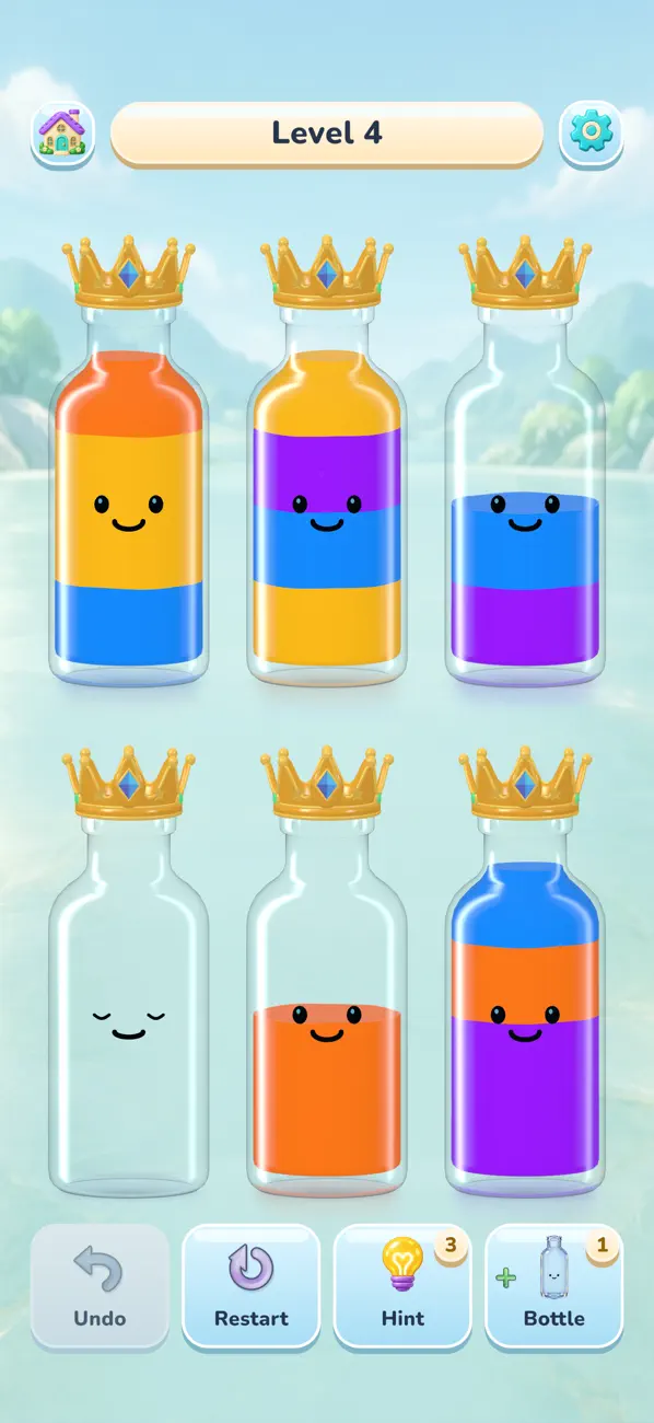 Cozy Bottles gameplay with crown accessories